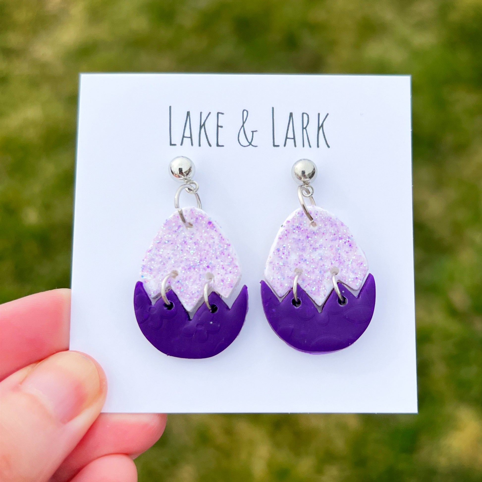 purple glitter easter egg earrings