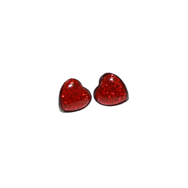 red glitter silver heart stud earrings