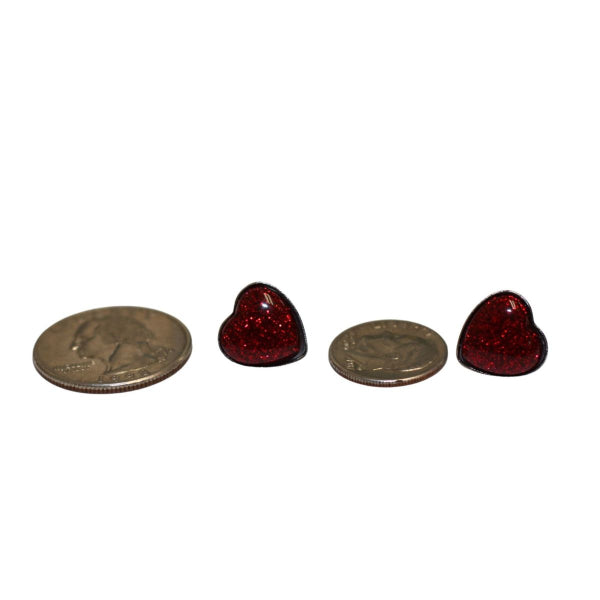 red glitter heart stud earring sizing