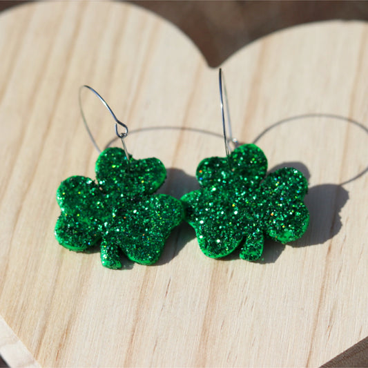 glitter four leaf clover hoop earrings st patricks day