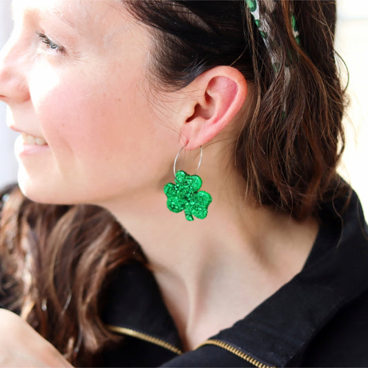 glitter shamrock hoop earrings saint patricks day lake lark