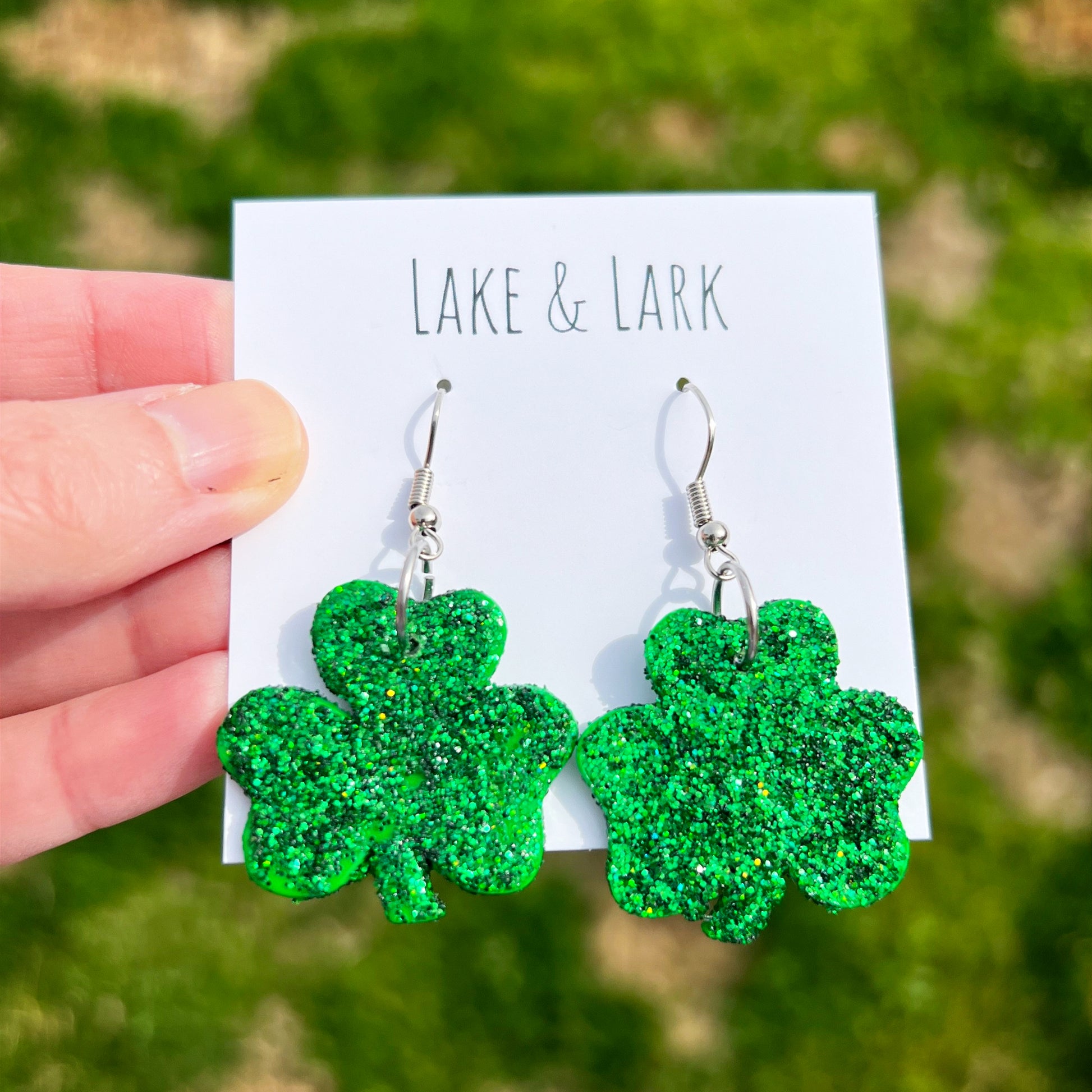 green glitter shamrock earrings