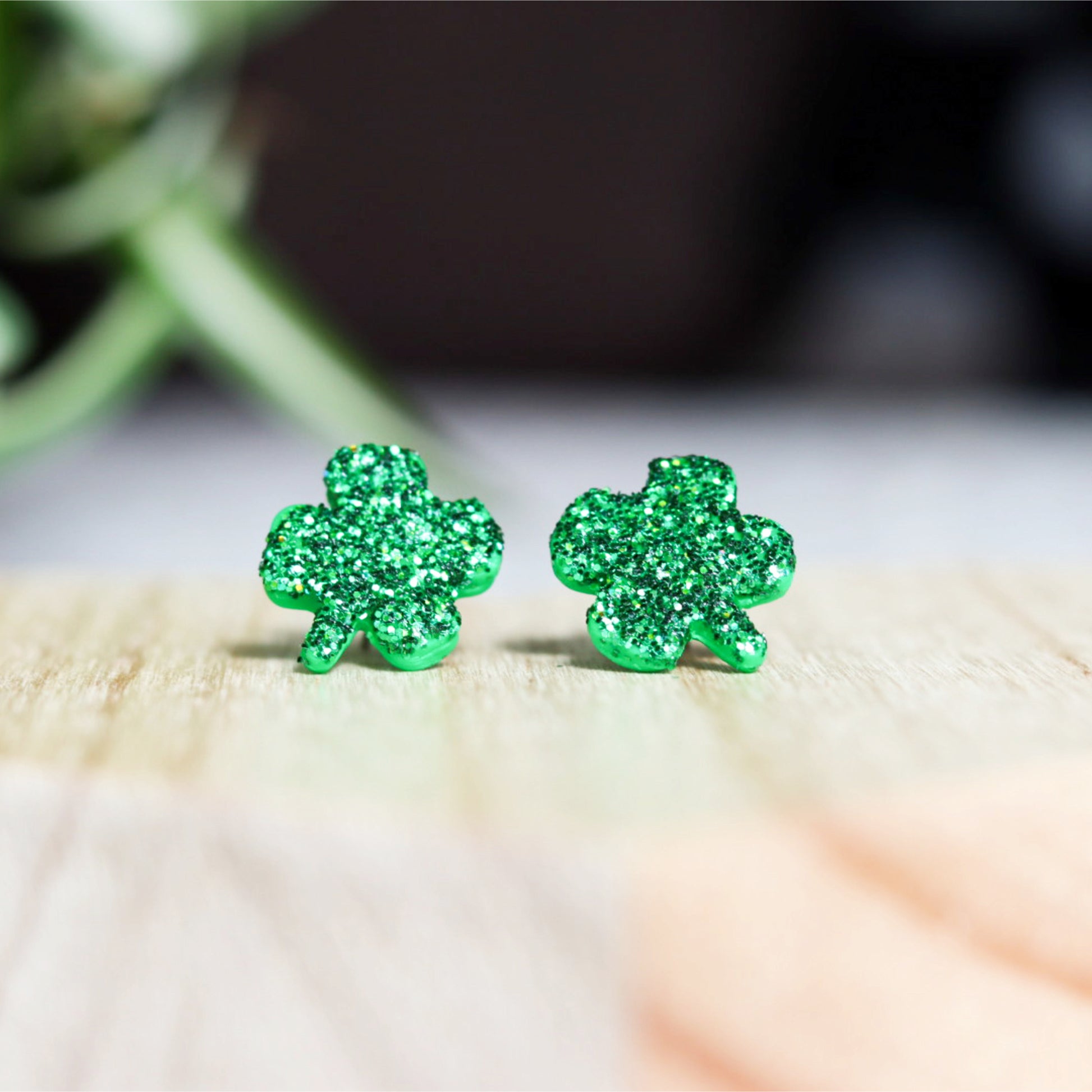 glitter four leaf clover stud earrings