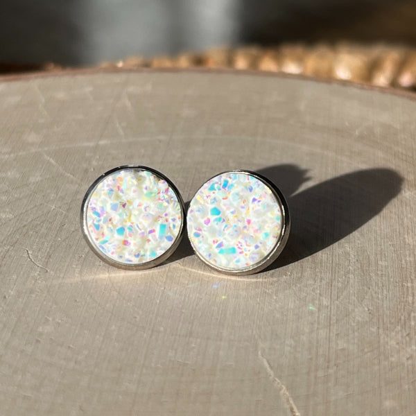 white glitter druzy stud earrings