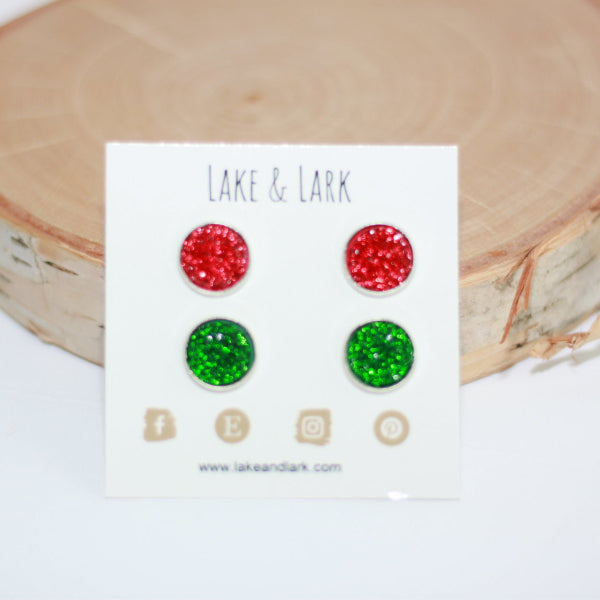 sparkly red green stud earrings gift set