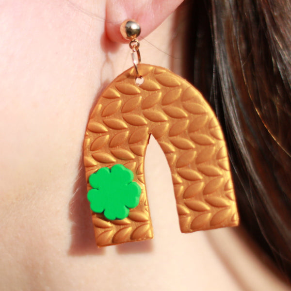 gold clay pot of gold shamrock earrings lake and lark