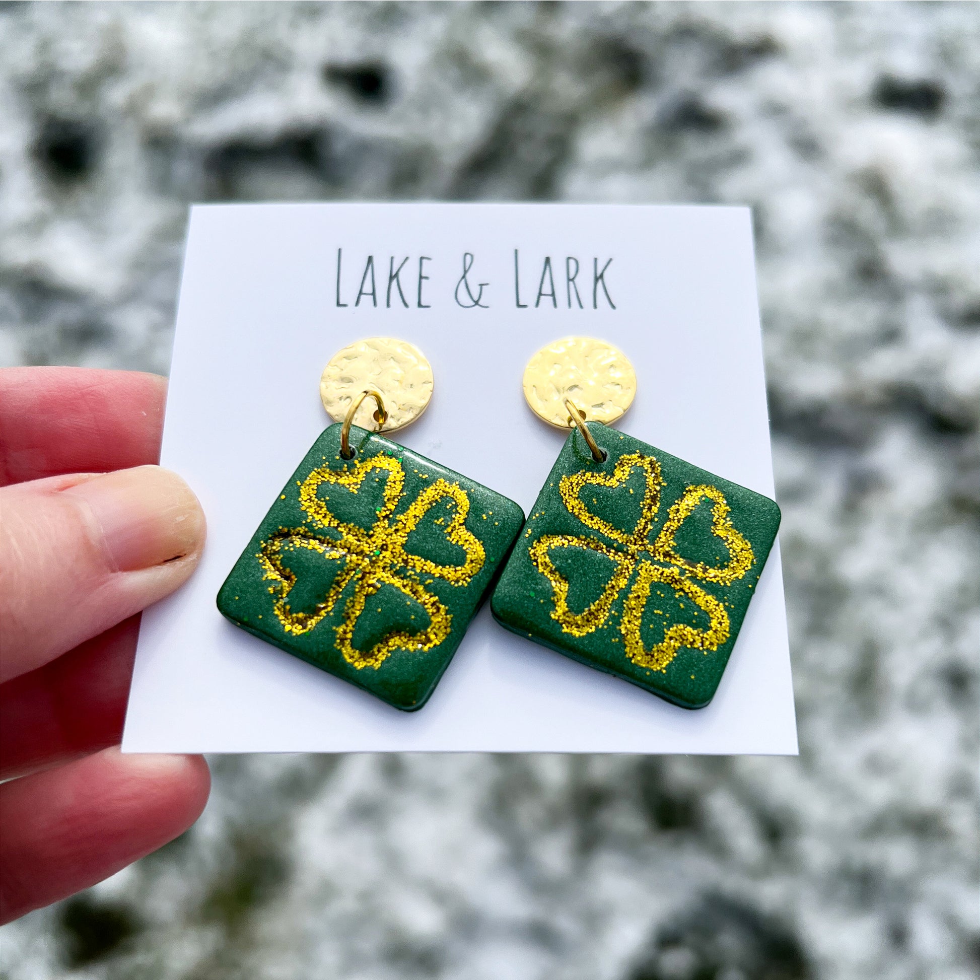 gold glitter four leaf clover saint patricks day clay earrings