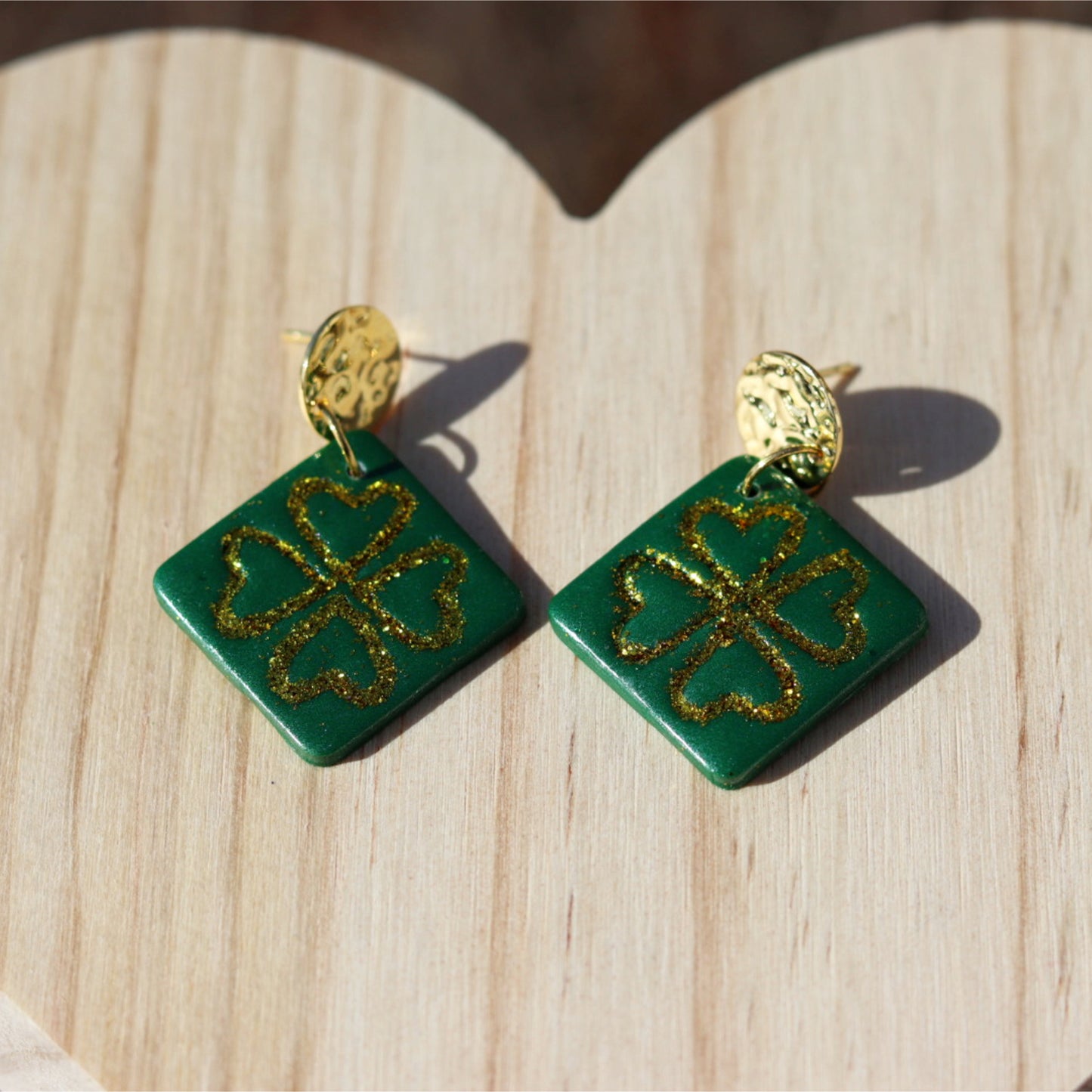 gold glitter shamrock saint patricks day clay earrings lake lark