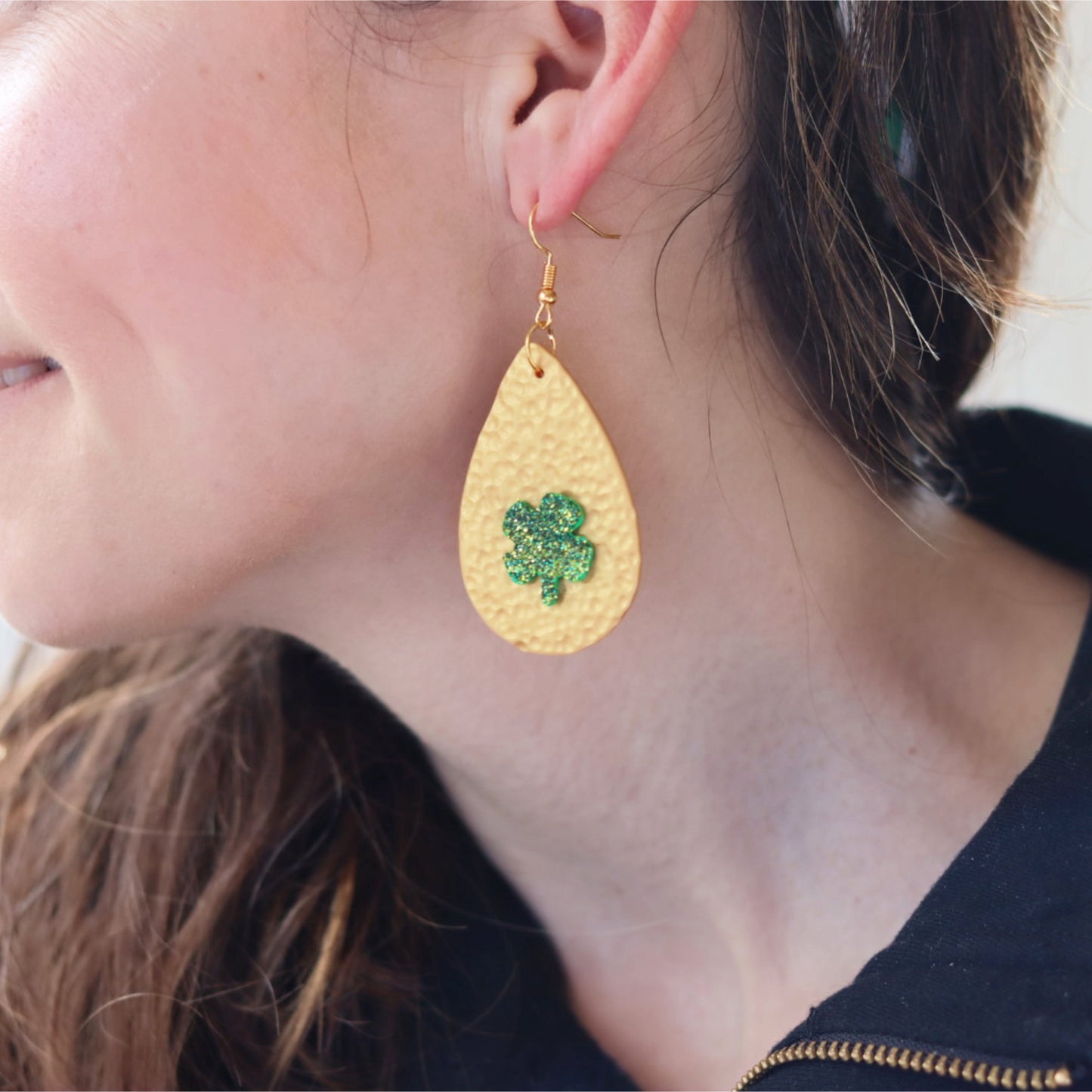 hammered gold shamrock teardrop earrings