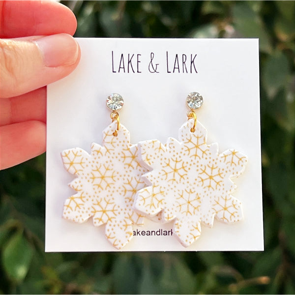 gold rhinestone painted snowflake earrings