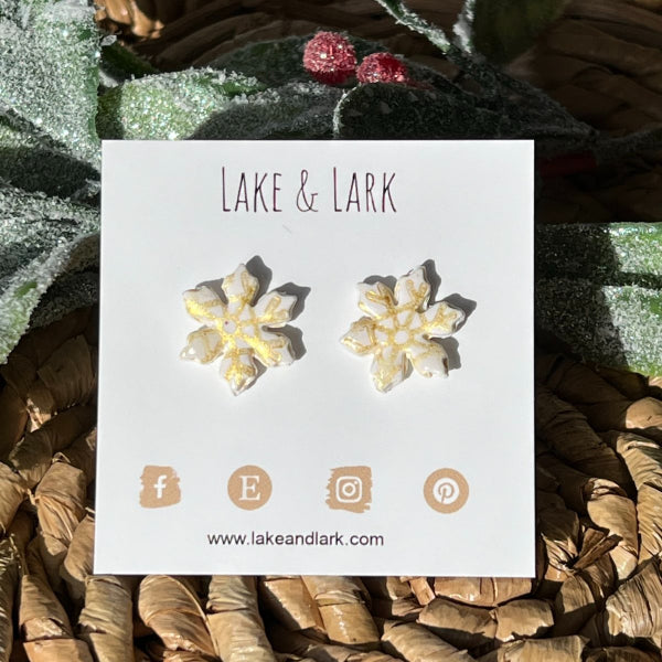 clay gold white snowflake stud earrings