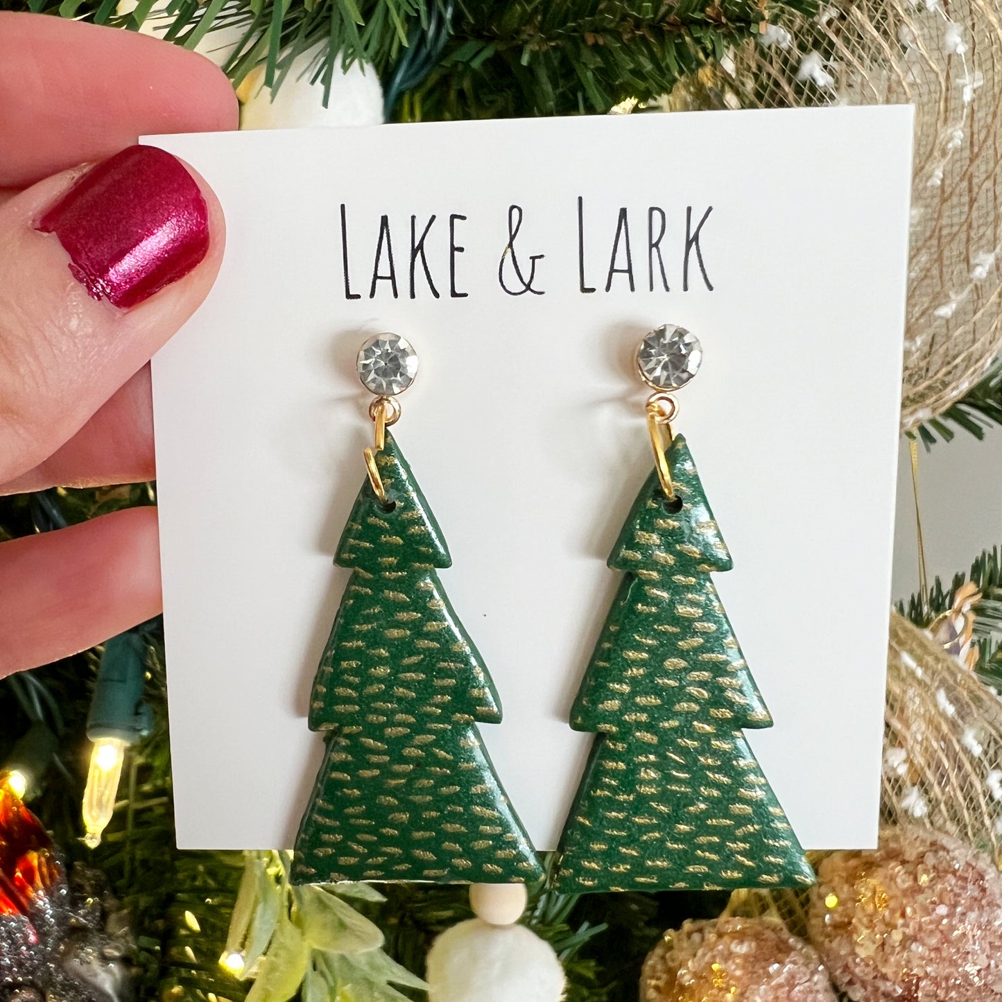 gold speckled christmas tree earrings lake lark