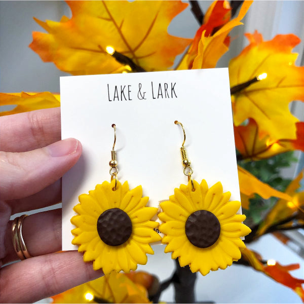 gold sunflower statement earrings lake lark