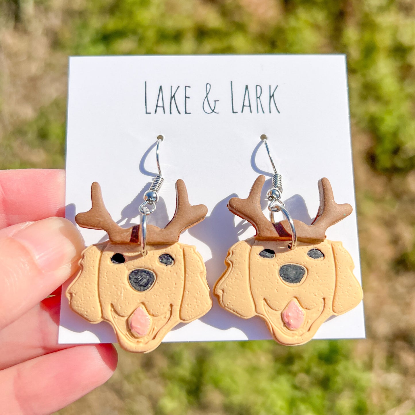 golden retriever dog christmas earrings reindeer antlers