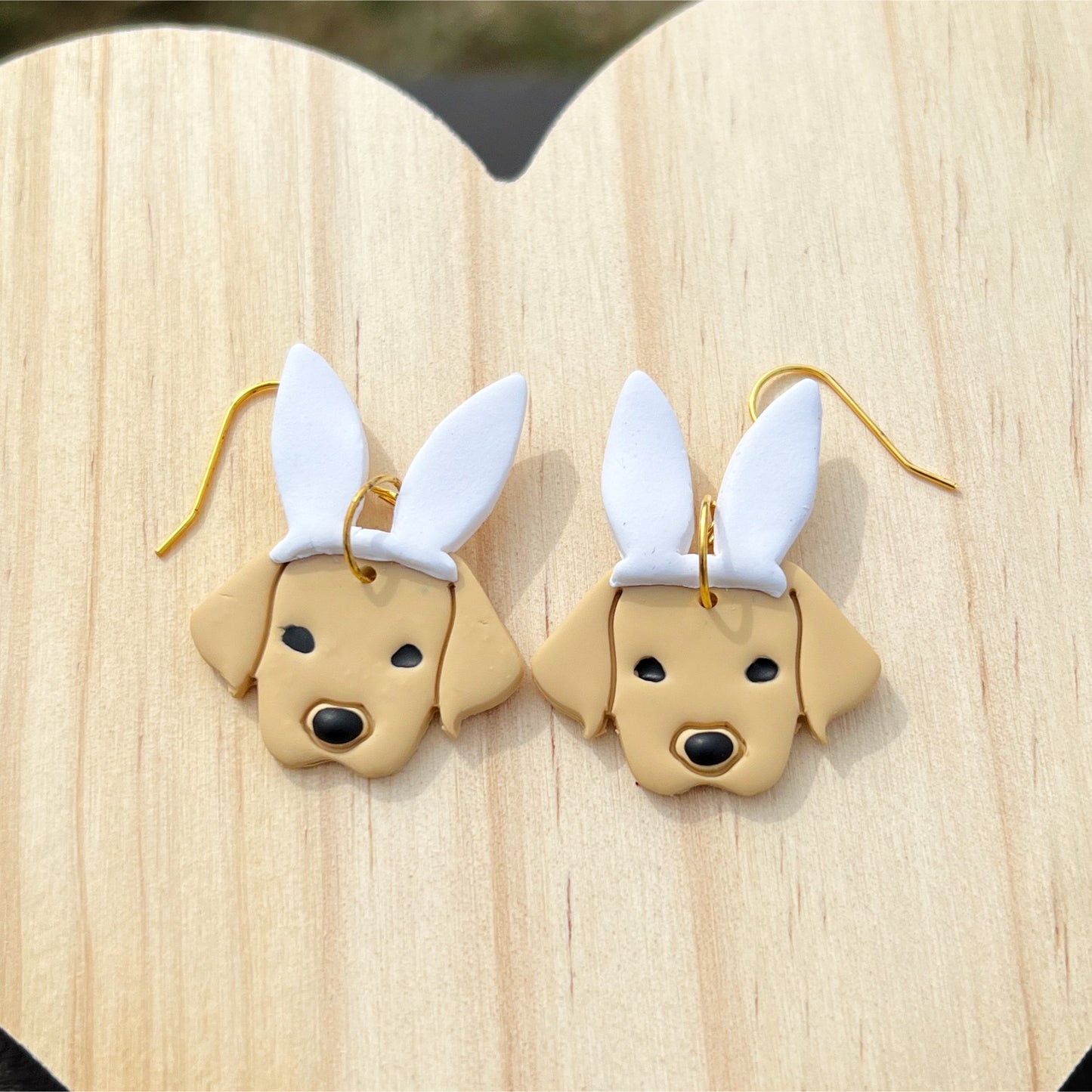 golden retriever dog easter bunny earrings lake lark