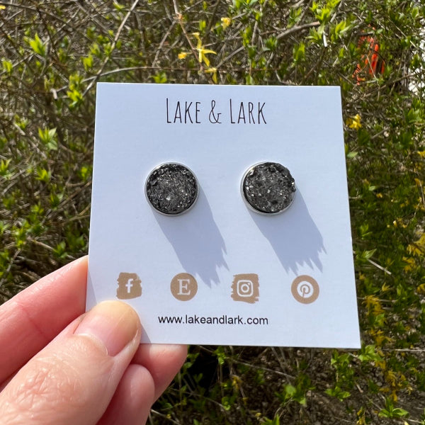 gray druzy stud earrings lake lark