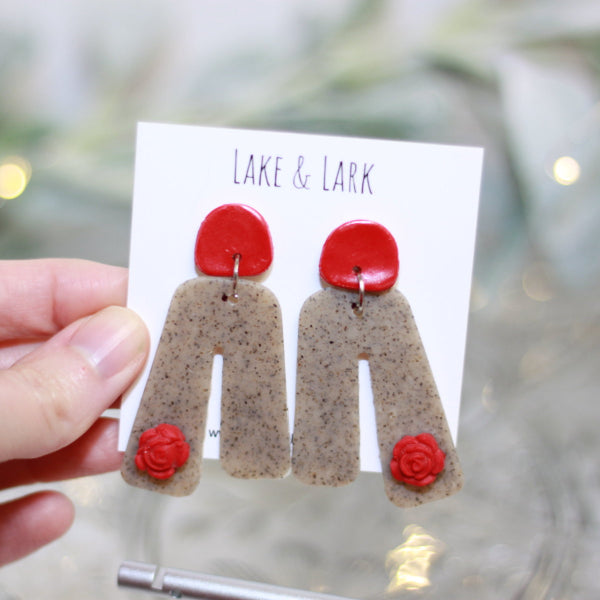 gray red clay rose statement earrings lake and lark