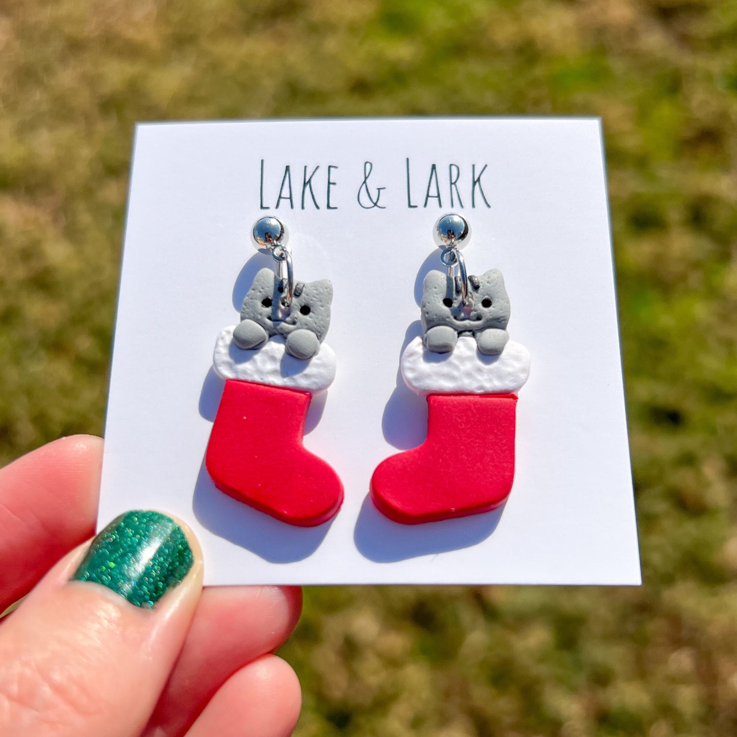 Cat Christmas Stocking Earrings | Handmade Holiday Cat Mom Jewelry