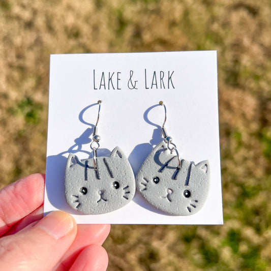 Gray Tabby Cat Clay Earrings