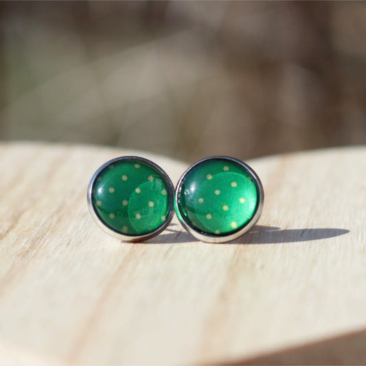 green silver polka dot stud earrings