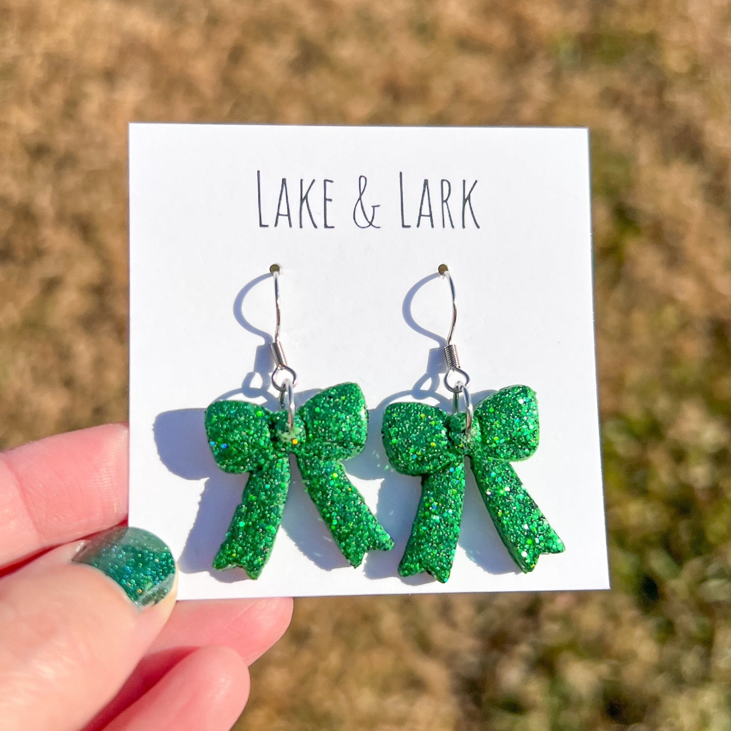 Green Glitter Bow Statement Earrings
