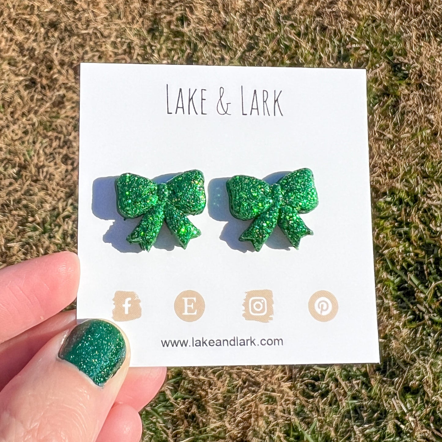 Green Glitter Bow Stud Earrings