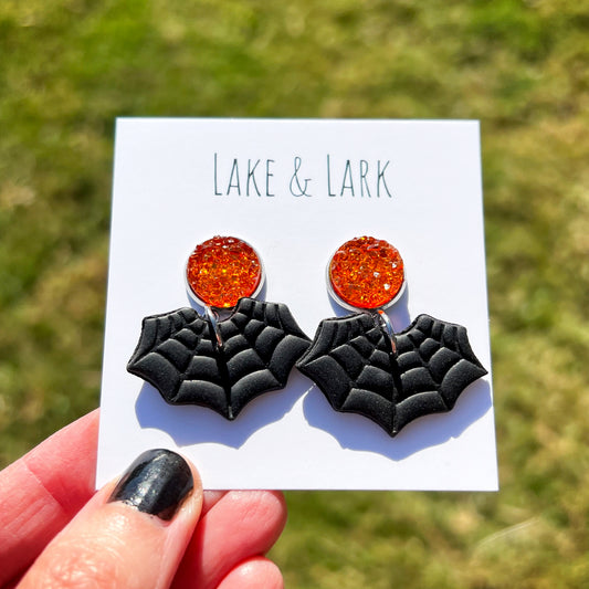 clay spider web halloween earrings