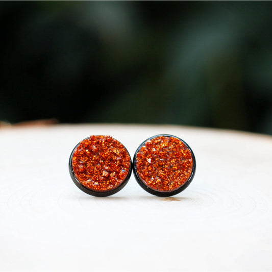 black burnt orange sparkly halloween stud earrings