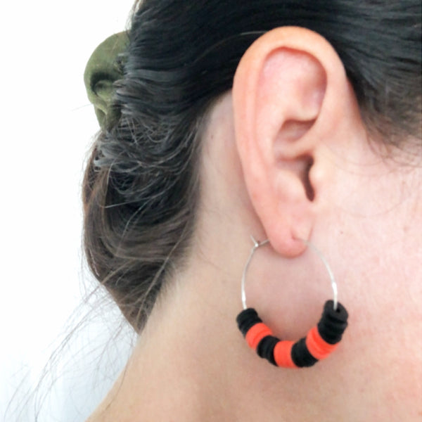 black orange halloween clay heishi bead hoop earrings