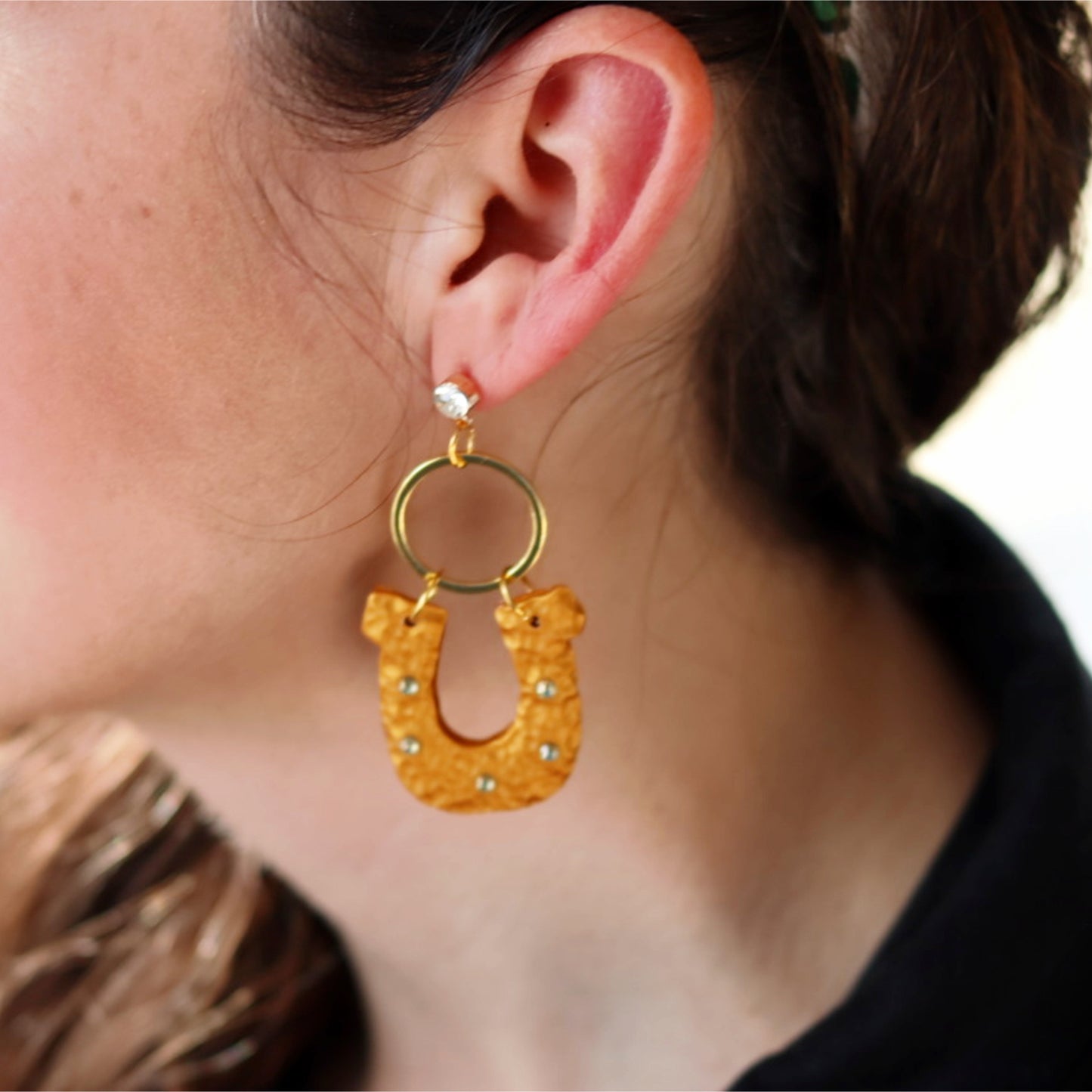 lucky gold horse shoe clay earrings