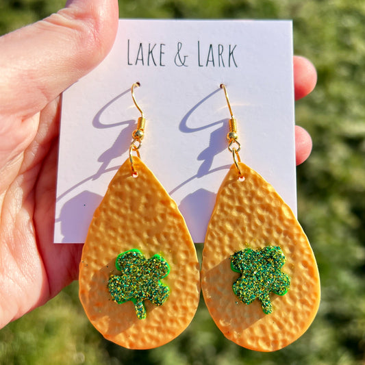 gold glitter shamrock lucky clover saint patricks day earrings