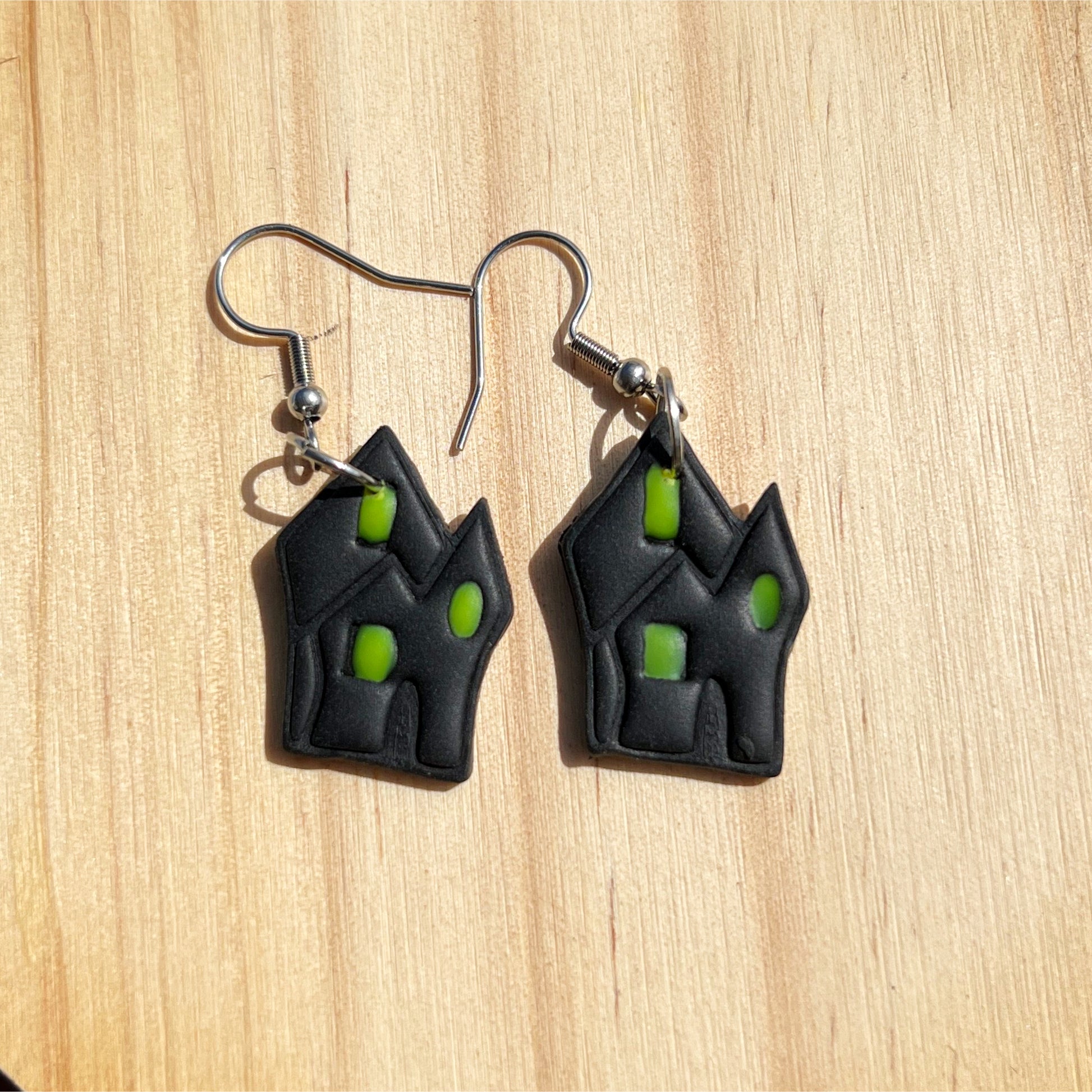 clay halloween haunted house earrings