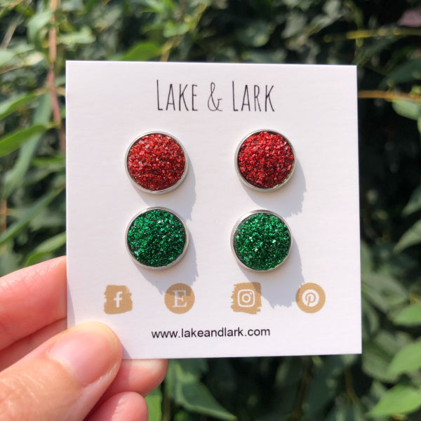 christmas red green stud earrings