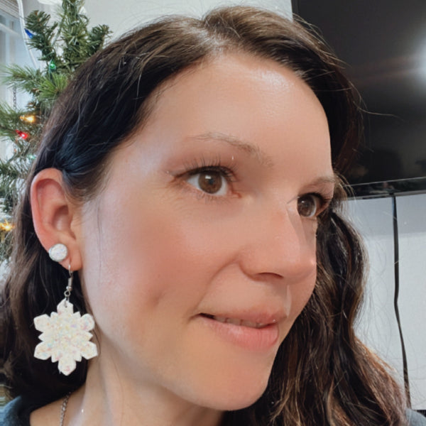 holographic glitter snowflake earrings set modeled lake lark