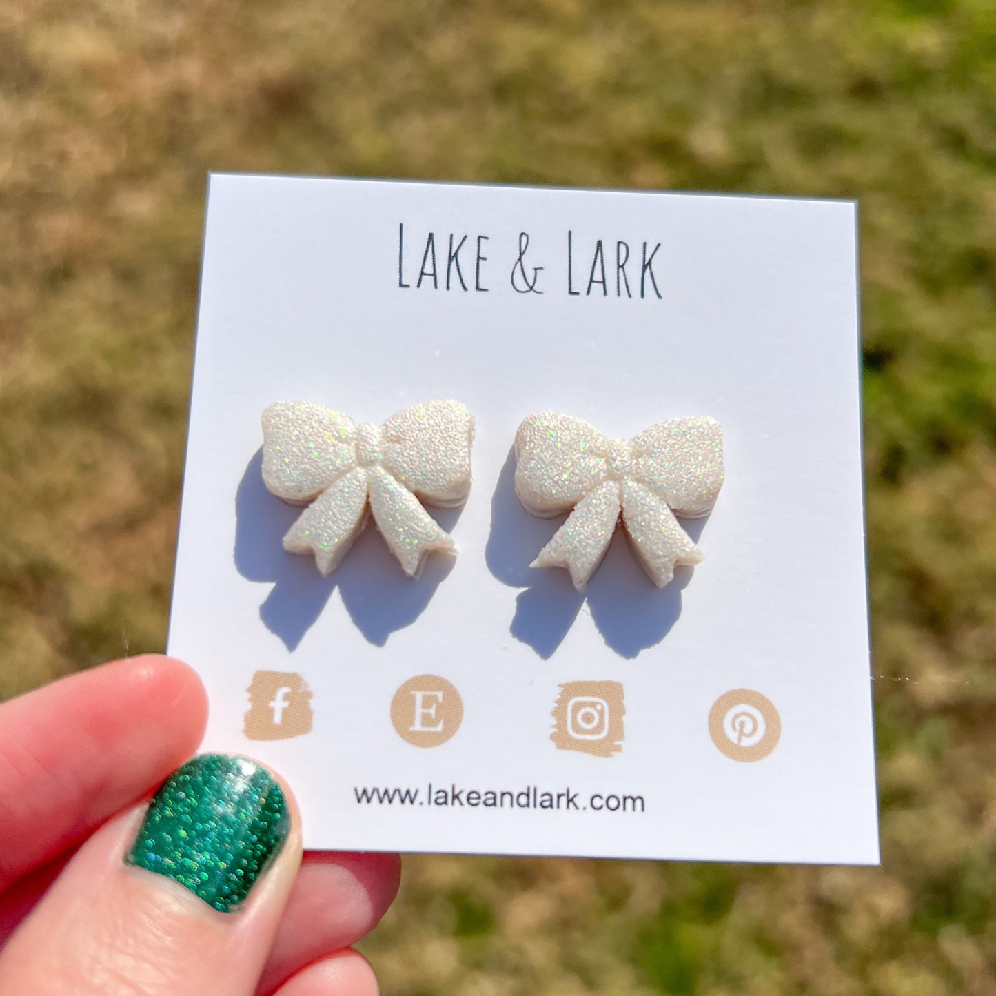 White Glitter Bow Stud Earrings