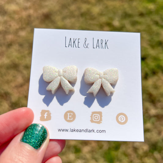 White Glitter Bow Stud Earrings