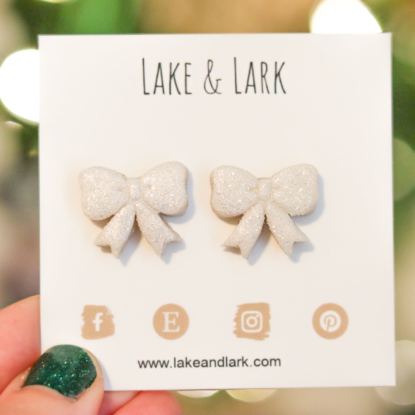 White Glitter Bow Stud Earrings
