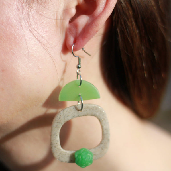 polymer clay gray jade square hoop earrings