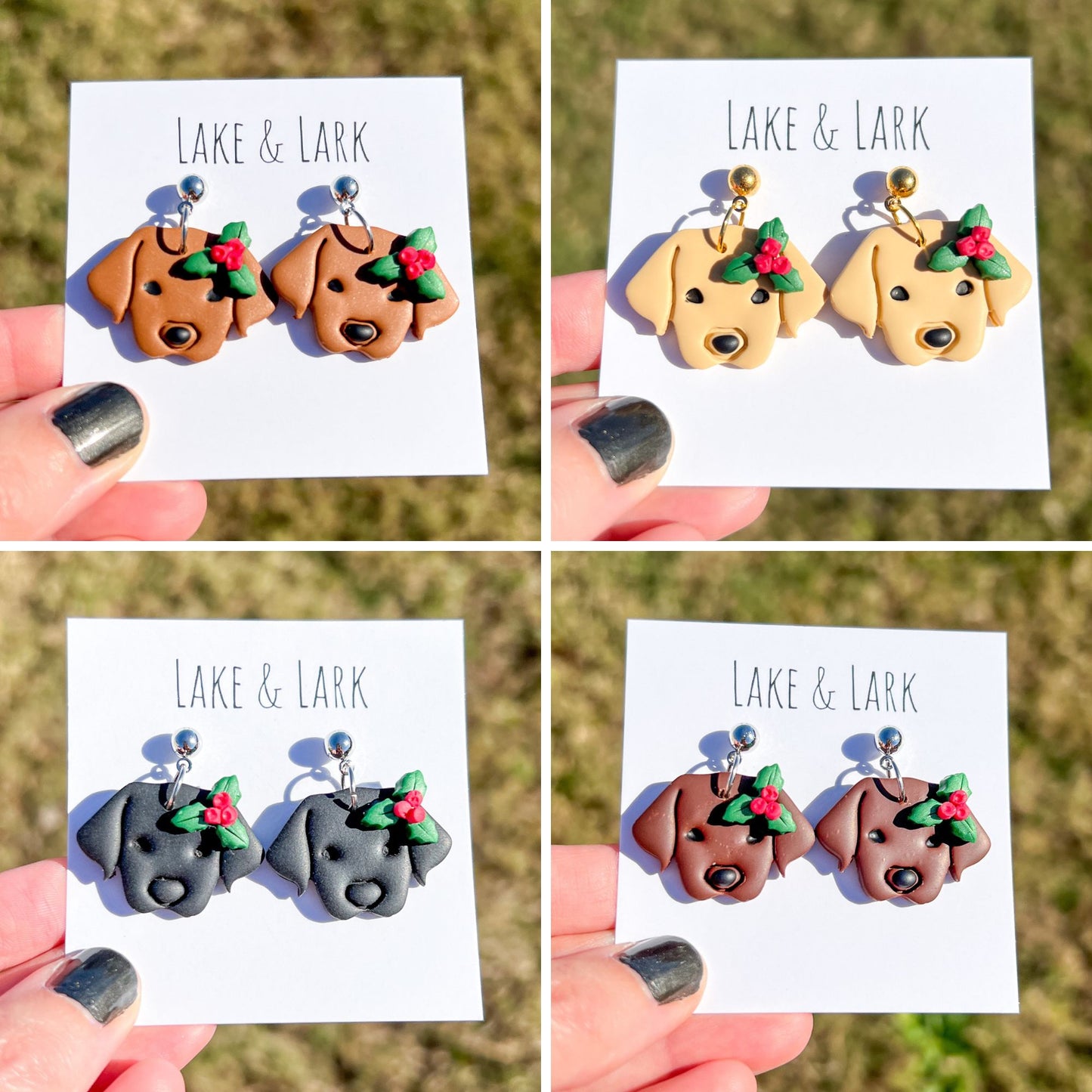 labrador retriever dog christmas earrings holly berries