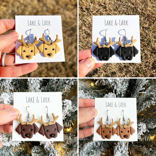 labrador retriever dog reindeer christmas earrings lake lark