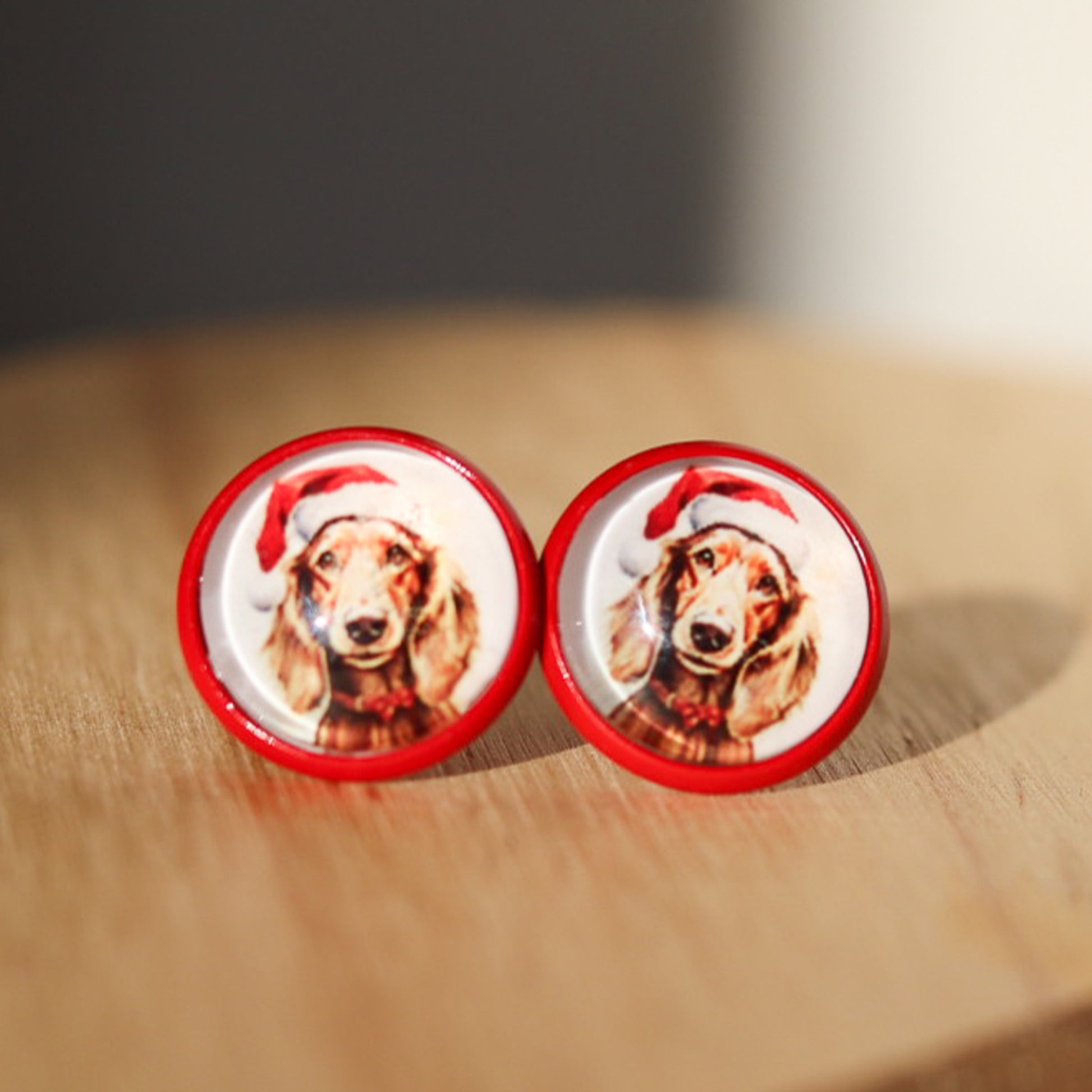 long hair dachshund dog christmas stud earrings doxie