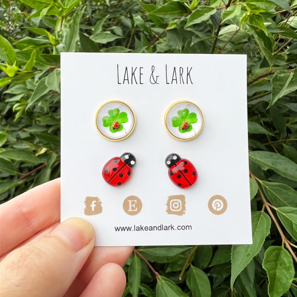 ladybug shamrock stud earrings gift set