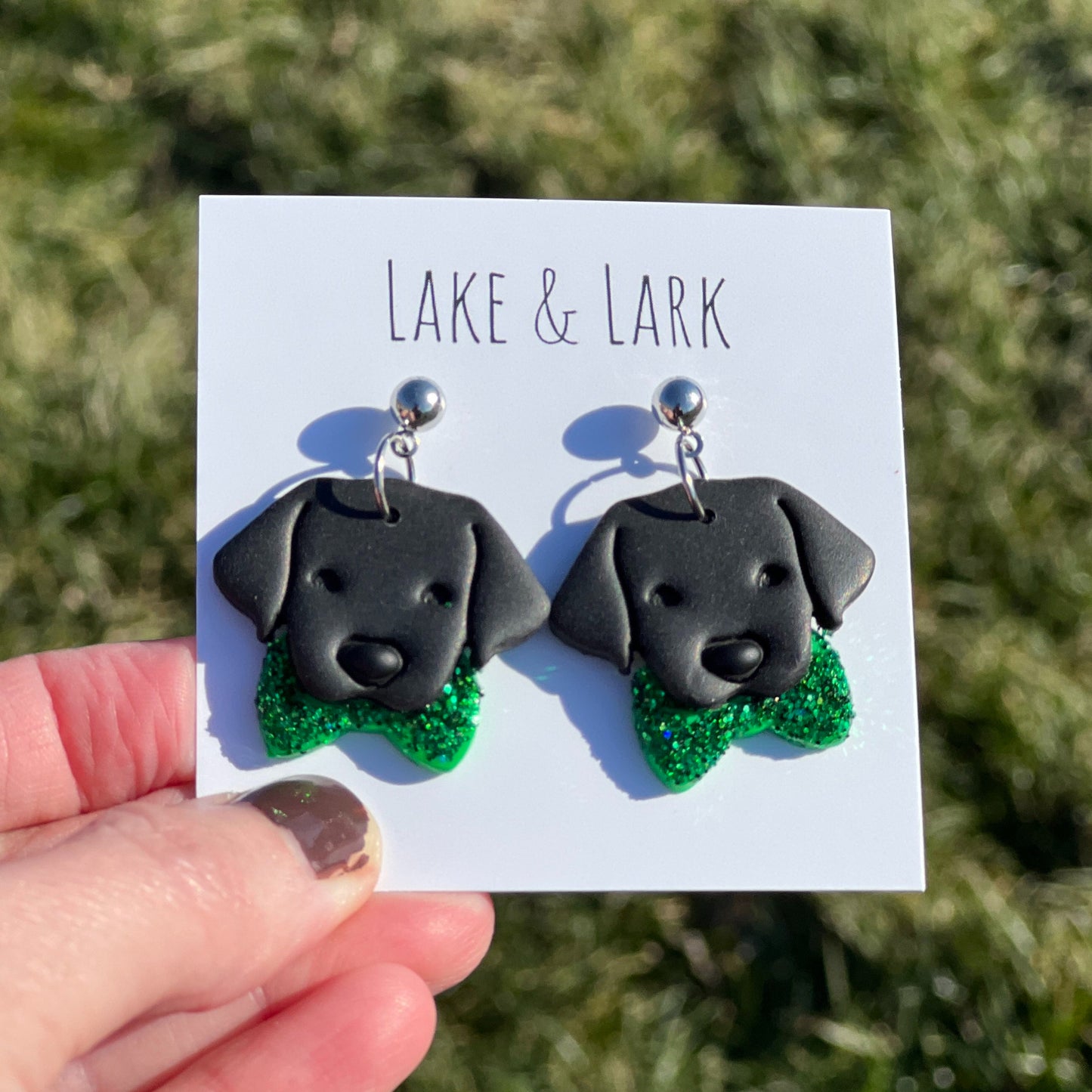 male black labrador retriever dog saint patricks day earrings lake lark