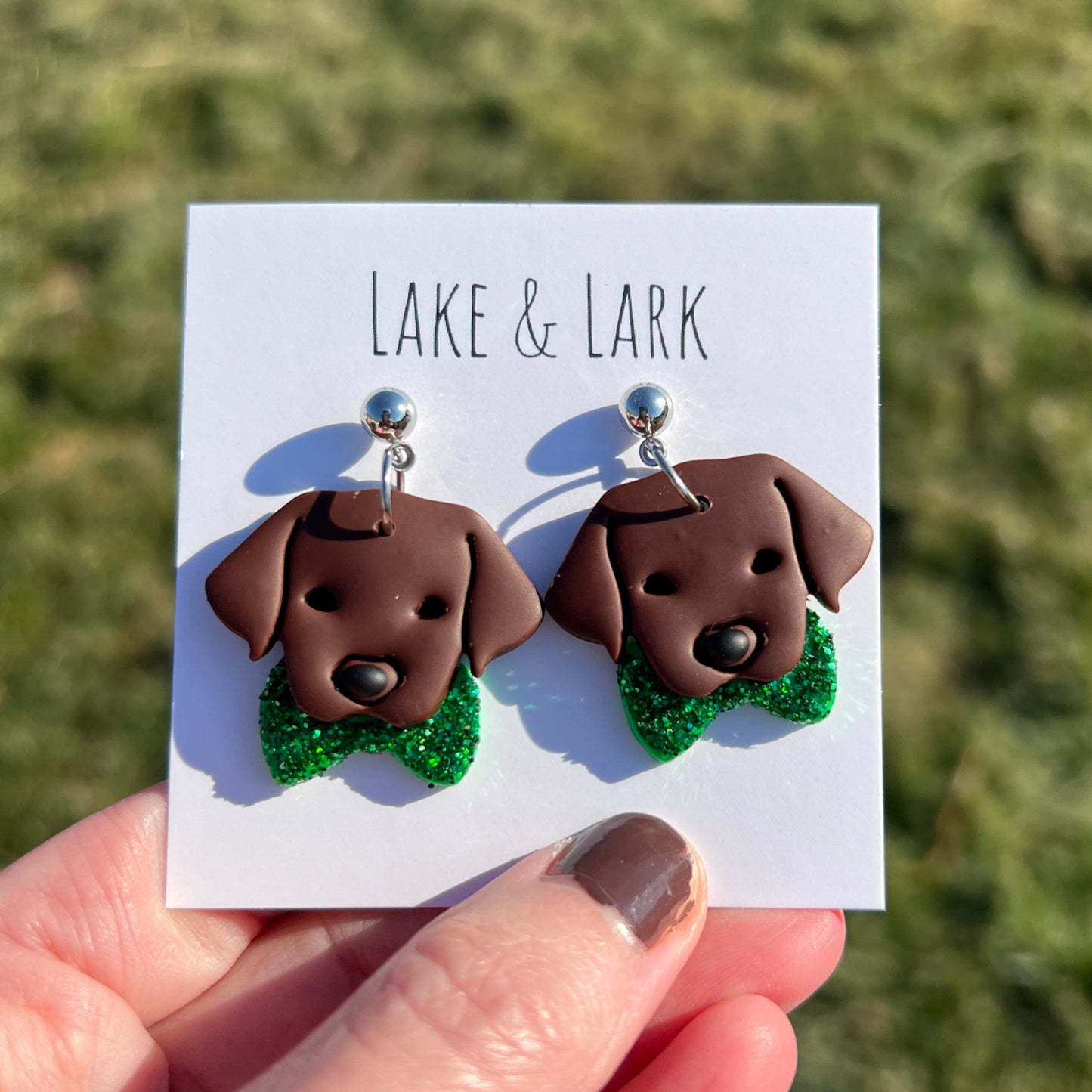 male chocolate labrador retriever dog saint patricks day earrings lake lark