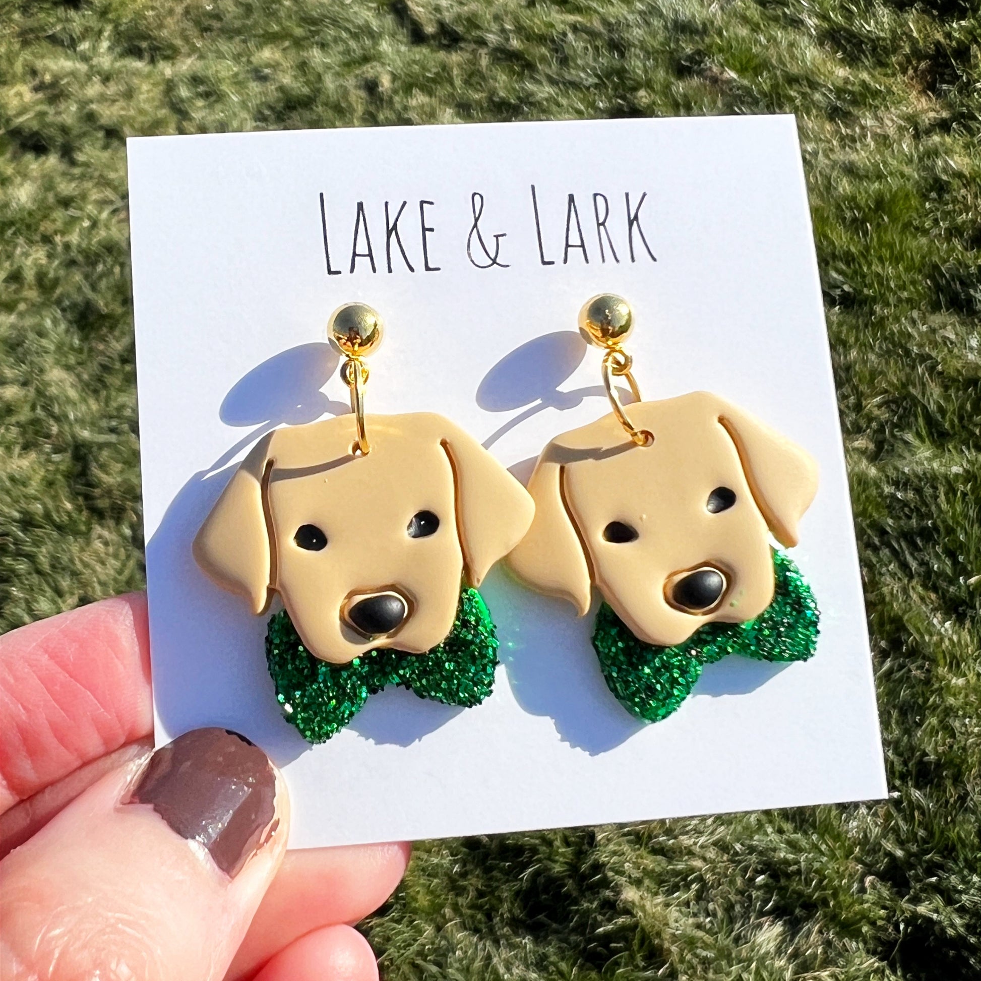 male golden yellow labrador retriever dog saint patricks day earrings lake lark