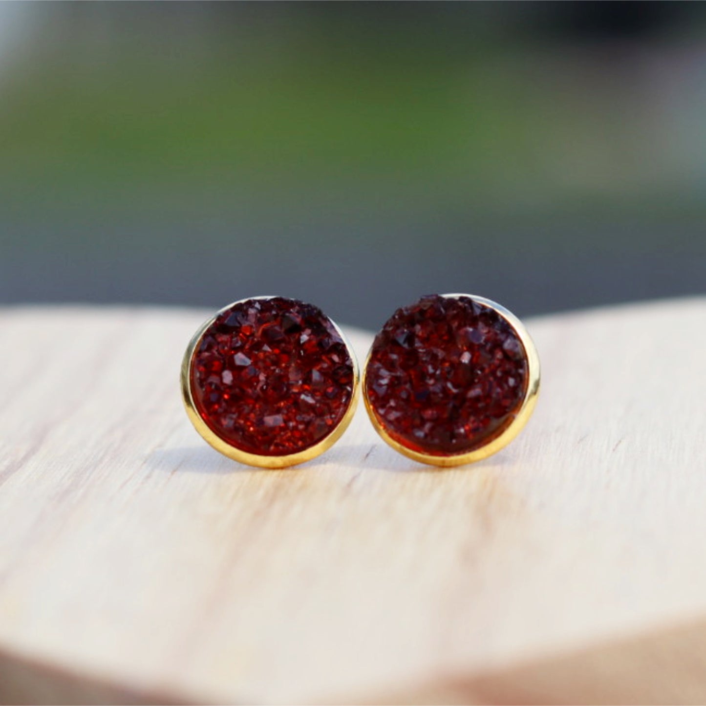 burgundy gold druzy stud earrings