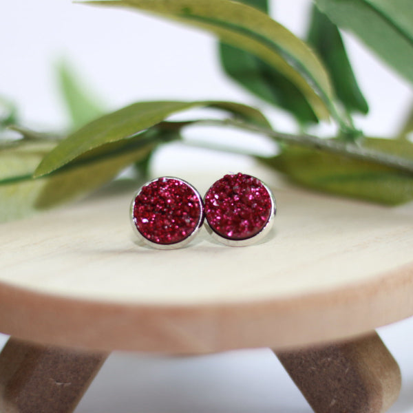 ruby red druzy stud earrings