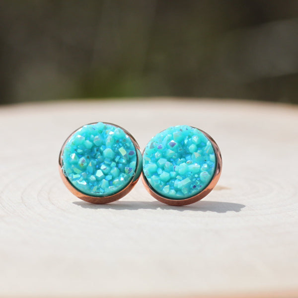 rose gold aqua druzy stud earrings