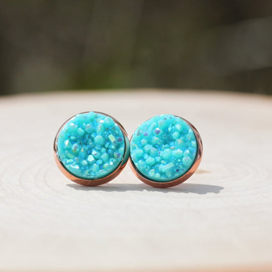 rose gold aqua druzy stud earrings