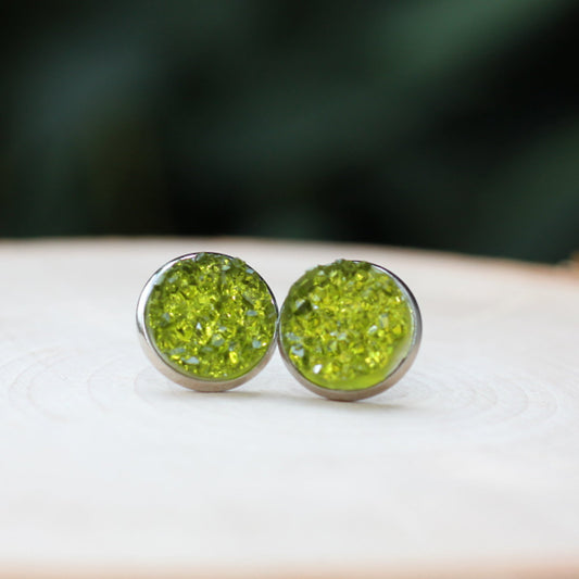 olive green druzy stud earrings